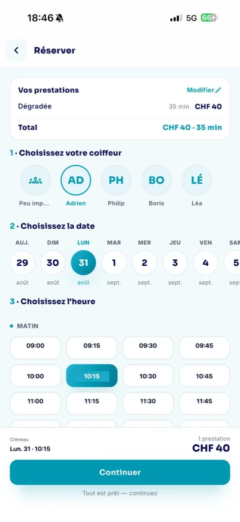 Choix du coiffeur, de la date et de l'heure