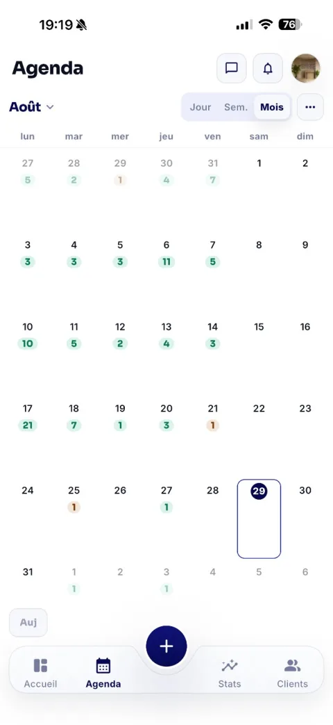 Vue mensuelle de l'agenda