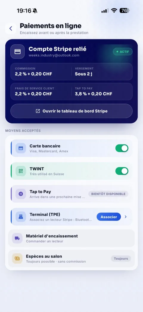 Moyens de paiement acceptés et compte Stripe