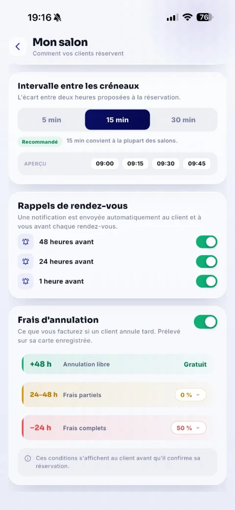 Réglages : rappels et frais d'annulation